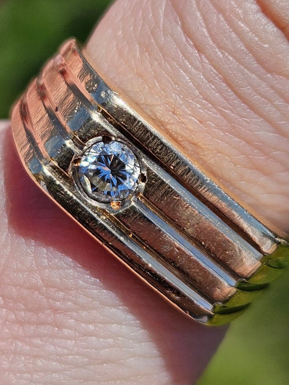 14K Yellow Gold Bezel Set Diamond Men's Striped Geometric Wide Band Ring 10.25